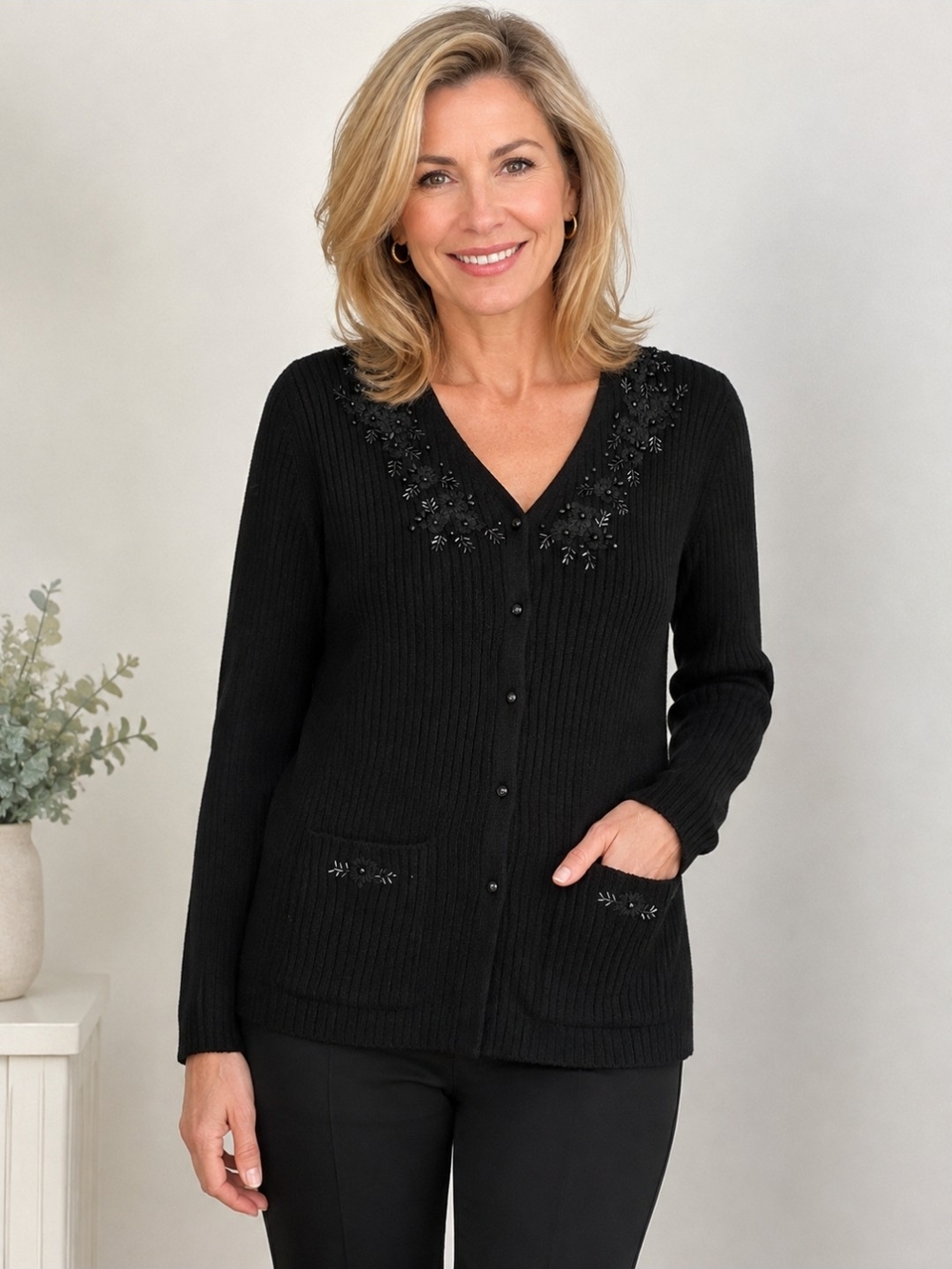 Yarnworks Black Ribbed Cardigan Beaded Floral Embellished V Neck Embroidery NWT